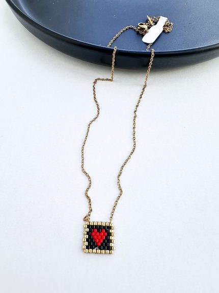 Ατσάλινο Κολιέ με Miyuki Χάντρες σε Τετράγωνο με Καρδιά