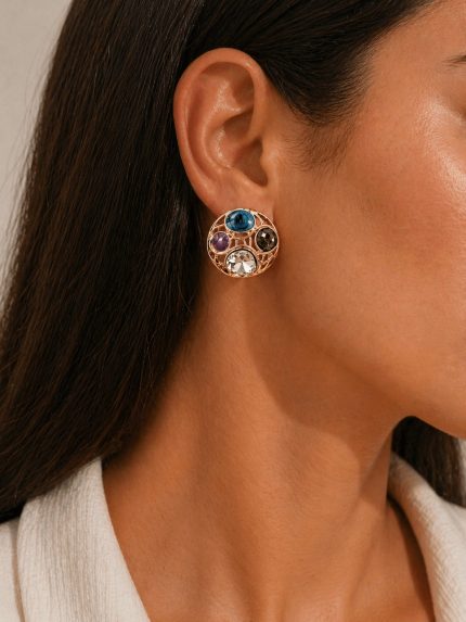 Ατσάλινα Σκουλαρίκια Στρογγυλά με Κρύσταλλα 4 Χρώματα