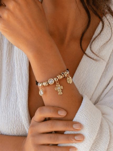 Βραχιόλι με Μαύρο Κορδόνι και Charms Σταυρό