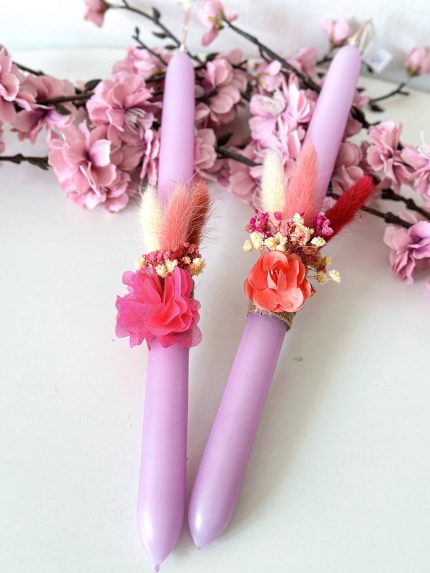 Χειροποίητη Αρωματική Λαμπάδα με Αποξηραμένα Λουλούδια (Λιλά)