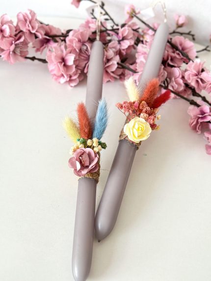 Χειροποίητη Αρωματική Λαμπάδα με Αποξηραμένα Λουλούδια (Γκρι)