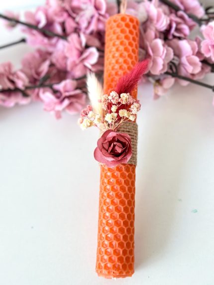 Χειροποίητη Αρωματική Λαμπάδα Μελισσοκέρι με Αποξηραμένα Λουλούδια (Πορτοκαλί - Σάπιο Μήλο)