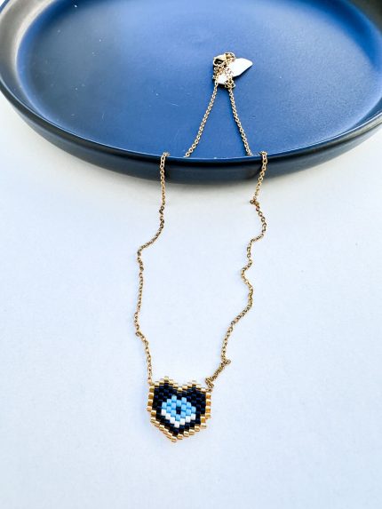 Ατσάλινο Κολιέ με Χάντρες Miyuki Με Καρδιά και Μάτι