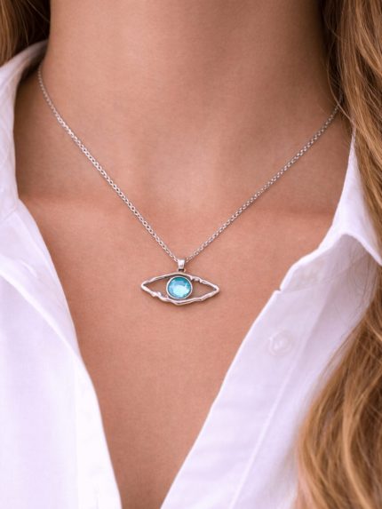 Ατσάλινο Κολιέ με Μάτι και Γαλάζιο Κρύσταλλο (Ασημί)