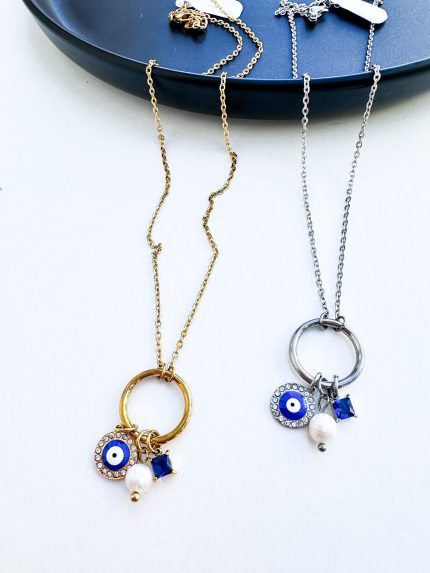 Ατσάλινο Κολιέ με Charms Μάτι και Πέρλα