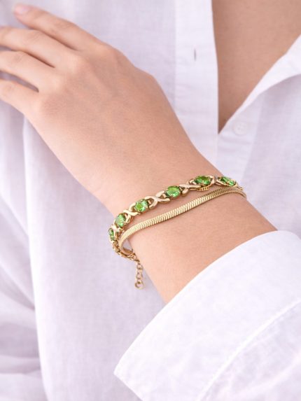 Ατσάλινο Βραχιόλι με Διπλή Αλυσίδα με Πράσινα Κρύσταλλα