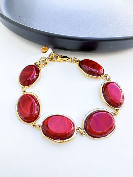 Ατσάλινο Βραχιόλι με Μπορντό Πέτρες