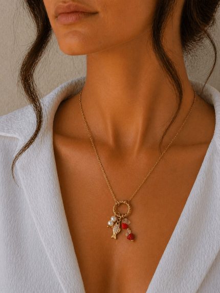 Ατσάλινο Κολιέ με Charms Ψαράκι με Κρύσταλλα