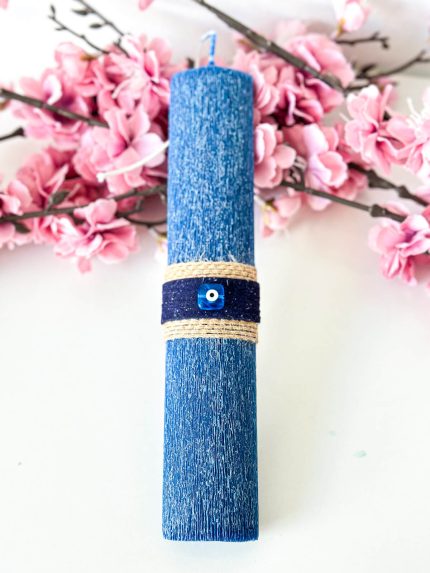 Χειροποίητη Αρωματική Λαμπάδα με Οβάλ Ξυστό Κερί και Μάτι (Μπλε)